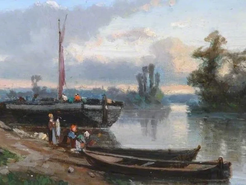 1817-Frédéric Legrip - Paesaggio con barche ormeggiate sulla riva di un fiume